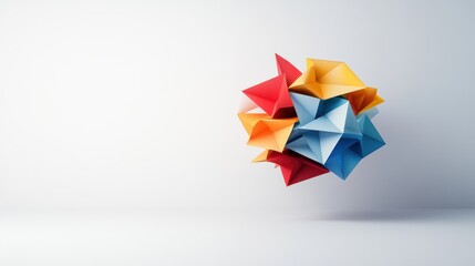 Colorful geometric paper shapes on a white isolated background.