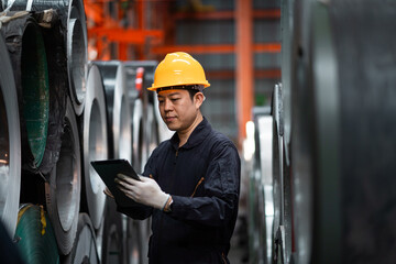 A man wearing a yellow helmet and a black jacket is looking at a tablet. He is wearing gloves and he is working in a factory