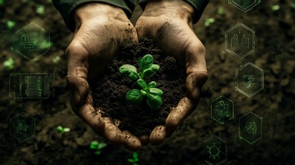 close-up of hands holding a young plant sprout in soil with futuristic icons representing sustainabl