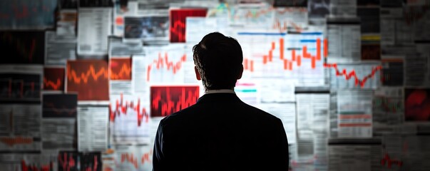 Businessman analyzing financial data on a wall covered with charts and graphs.