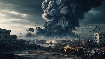 A massive explosion with towering smoke and debris in an urban landscape, depicting the aftermath of a catastrophic event.