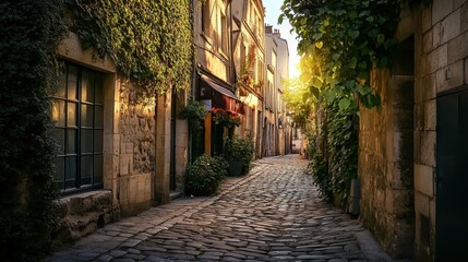  Quiet alleyway in an old town with cobblestone path, ivy-covered walls, and warm sunlight casting a serene glow