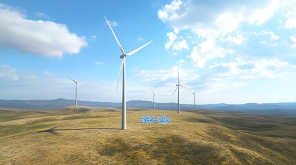 Illustrate an isometric wind farm on a plateau, with energy from turbines stored as hydrogen, emphasizing the balance between the elements