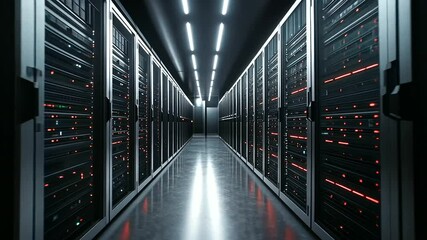Wall Mural - a dark, ambient room filled with server racks, illuminated by lines of neon light representing the f