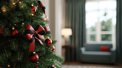 beautifully decorated Christmas tree adorned with red and black bows, sparkling lights, and shiny ornaments creates festive atmosphere in cozy living room. soft furnishings and warm lighting enhance