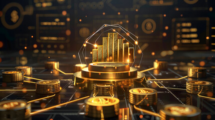 Futuristic financial network concept with gold coins, bar charts, and glowing digital connections, representing cryptocurrency, wealth, and economic technology