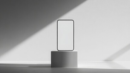 Leinwandbilder - A sleek smartphone stands on a simple pedestal in a brightly lit gallery, illuminated by natural sunlight. The minimalist setting emphasizes the phone's design and modern aesthetics.