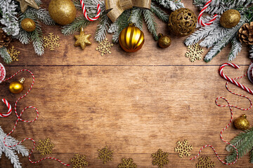 Wall Mural - christmas and new year background with a festive scene with gold and red christmas ornaments and fir
