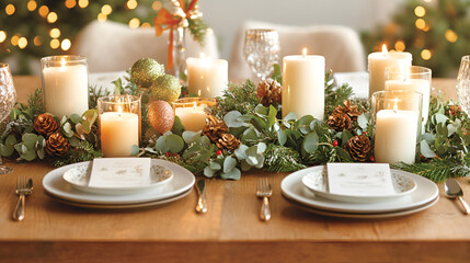 Elegant christmas table with candles, greenery, and festive decor, evoking warmth and celebration.