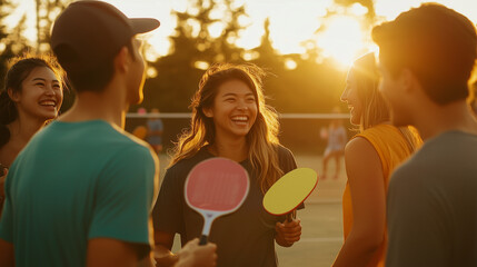 Wall Mural - Friends Enjoying a Paddle Game at Sunset