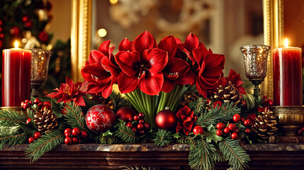 Poster - Festive Holiday Decorations with Red Amaryllis Flowers, Candles, and Christmas Ornaments on Mantelpiece.Winter Christmas, Advent still life.