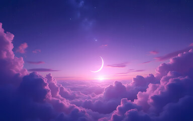 dreamy purple night sky with luminous crescent moon wispy clouds and twinkling stars celestial, ethe
