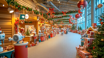 a bustling north pole workshop with robot elves, filled with festive decorations, presents, and a li