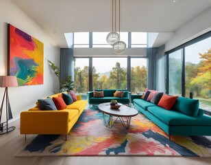 bright and vibrant contemporary living room with colorful seating large windows and striking artwork in a modern home