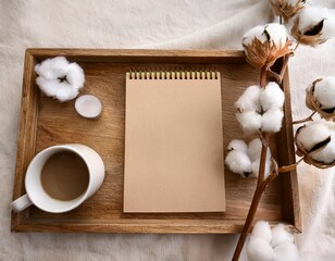 cozy writing setup a serene scene featuring a blank notebook a cup of coffee and cotton branches on a wooden tray perfect for themes of relaxation planning and home comfort