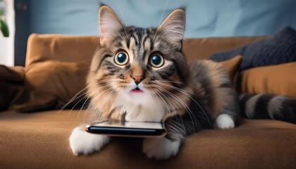 Wall Mural - curious cat reacts to smartphone usage with surprised expression on cozy couch
