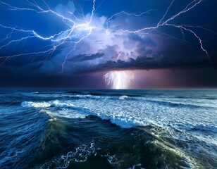 Wall Mural - dramatic thunderstorm over turbulent ocean waters showcasing bright lightning at dusk