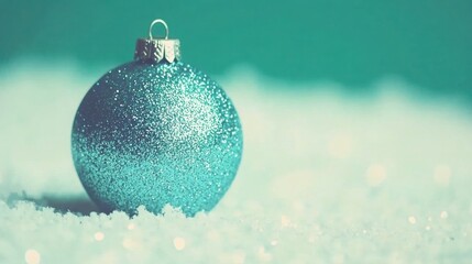 sparkling blue christmas ornament on soft snow