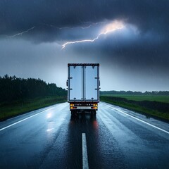 Wall Mural - lorry navigating through a heavy rainstorm on a slick road during a gloomy evening drive