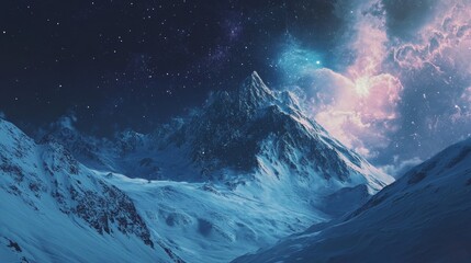 majestic snow-covered mountains stand under a starry night sky with a cosmic display of vibrant colo