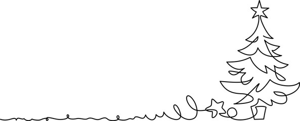 Wall Mural - christmas decoration. pine fir trees with star and gifts. continuous one line drawing