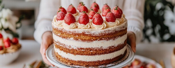 Celebrating life's sweet moments a woman's touch in arranging a festive cake on a rustic table full of joy and flavor