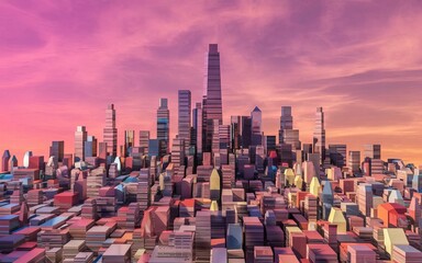 Cityscape sunset panorama. Stunning urban sunset view.  Modern metropolis at dusk, symbolizing progress and ambition.