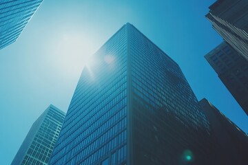 Low angle view of tall glass skyscrapers against a clear blue sky.