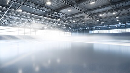 Filtered Light: Sunlight streams through a high window, illuminating a polished floor. Dust particles are nonexistent. Copy space near the window. 