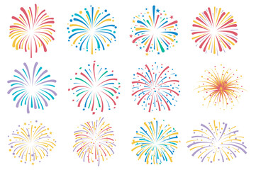 Aufkleber - Flashes of celebratory salutes mega set elements in flat graphic design. Collection objects of colorful exploding festival fireworks, firecracker pyrotechnics at festive sky show. Vector illustration.