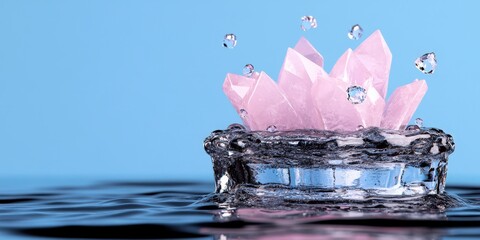 pink crystal floating in water with water drops abstract beauty nature and healing conc