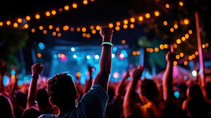 A lively crowd raises their hands in excitement while enjoying an outdoor concert, illuminated by colorful lights and surrounded by a festive atmosphere on a warm summer night