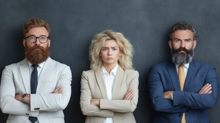 Three professionals present a serious demeanor with arms crossed, featuring a woman in the center and two men on either side, all dressed in business attire, conveying a sense of authority