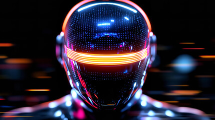 Robot head, beautiful shiny robot''s helmet at back background with bright lights and bokeh  