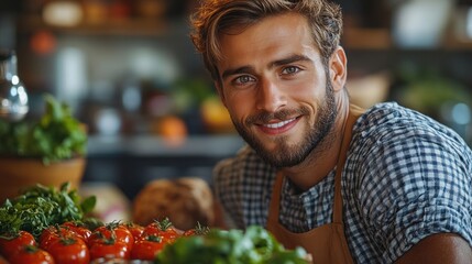 A cheerful young man in casual attire stands behind a display of ripe tomatoes and fresh greens, promoting a healthy lifestyle in a bustling grocery store