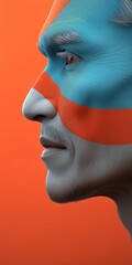 Profile of a man with colorful face paint stripes symbolizing pride and cultural identity against an orange background; ethnic celebration 