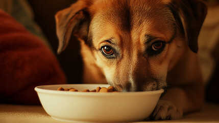 Dog eating dog food from a white bowl cozy scene