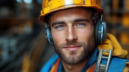 A young construction worker with blue eyes and a beard smiles while wearing a hard hat and hearing protection on a busy building site during the afternoon