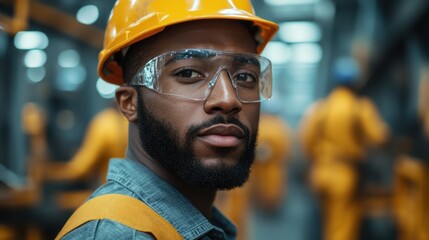 A young male worker wearing a hard hat and safety glasses stands confidently in a bustling manufacturing facility filled with machinery and fellow workers