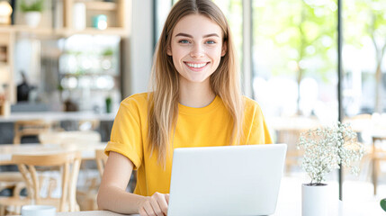 Bright smiles and productivity a young woman enjoys working on her laptop in a modern cafe setting