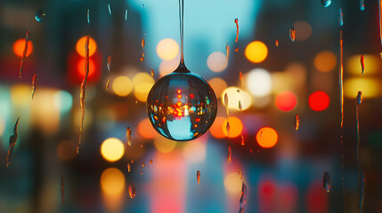 Wall Mural - A close-up of a water droplet on a window reflecting vibrant city lights and bokeh in the background, creating a dreamy atmosphere.