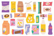 © alexdndz - Snacks in packages mega set elements in flat graphic design. Collection objects of sweets, gummy, candies, cookies, pretzels, chips in plastic packs and drinks in can and bottles. Vector illustration.