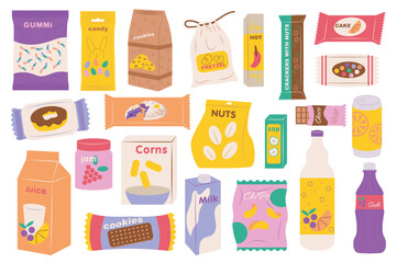 Aufkleber - Snacks in packages mega set elements in flat graphic design. Collection objects of sweets, gummy, candies, cookies, pretzels, chips in plastic packs and drinks in can and bottles. Vector illustration.