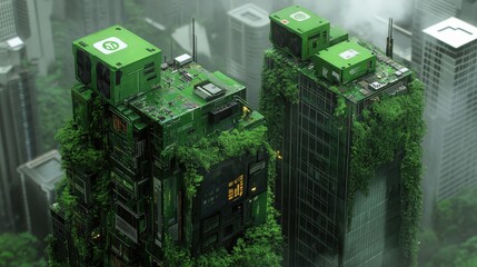 Futuristic Green Cityscape with Circuit Board Buildings and Lush Vegetation