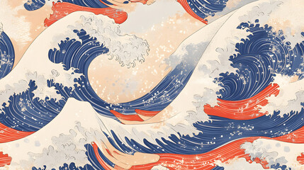 A painting of a wave with a blue and red background