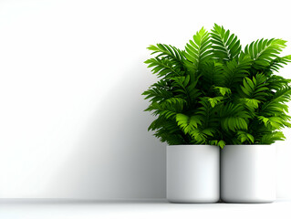 Green foliage in modern pots against a clean white background, perfect for home decor and interior design.