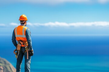 A worker in safety gear stands on a cliff overlooking a vast ocean, symbolizing hard work, safety, dedication, perspective, and achievement.