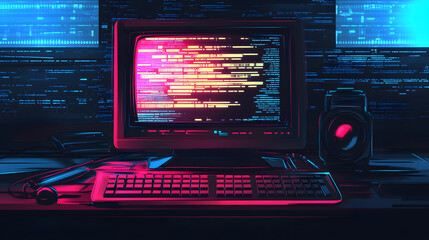 A computer monitor with a keyboard and a camera on a desk