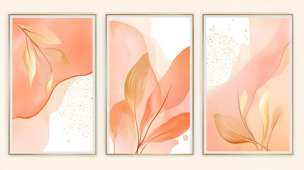 Three paintings of flowers in gold and orange