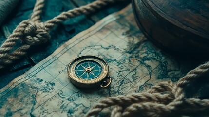 compass, rope on the treasure map on the table. the concept of sea adventures